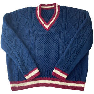 Vintage Hand Knit Cricket Sweater Blue Cable Knit Varsity Striped Trim XL Preppy